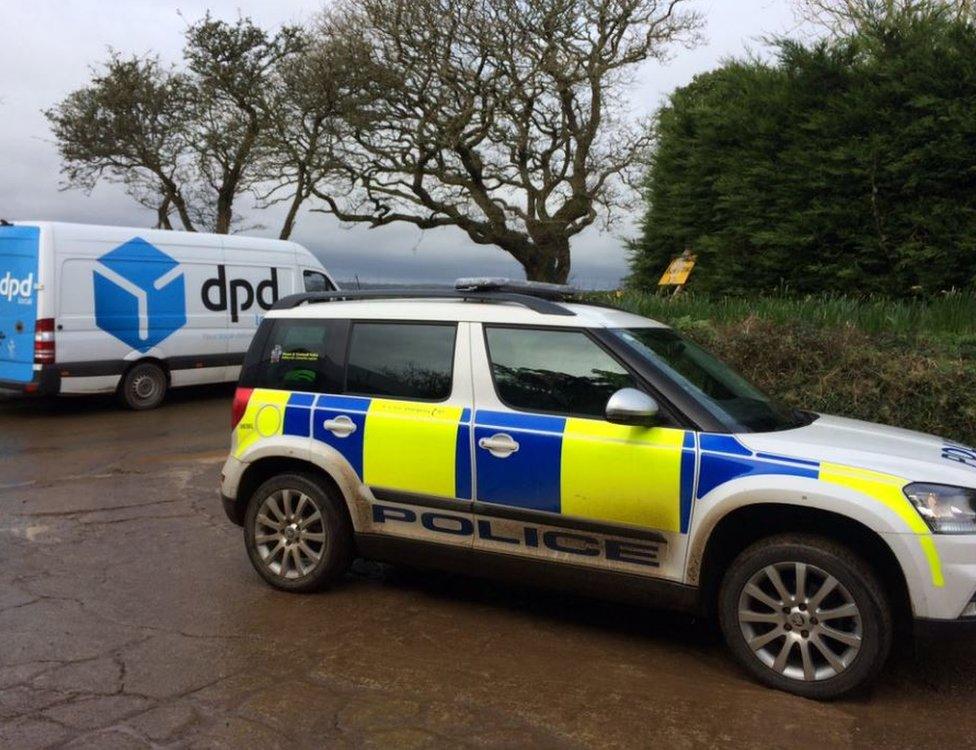 Police car at Bosahan Farm, Cornwall