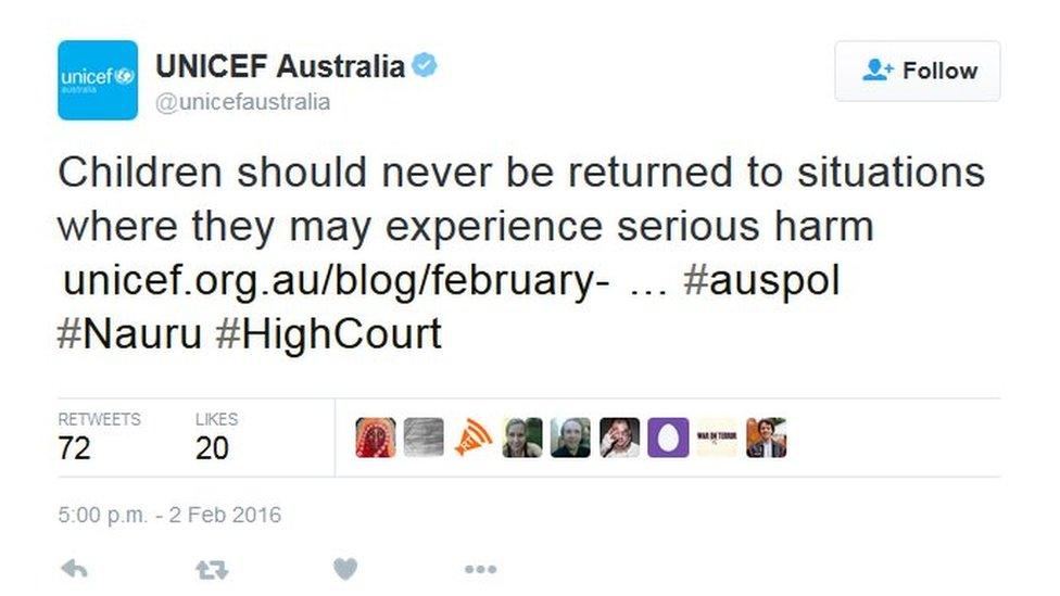 Screenshot of tweet by Unicef Australia on 3 February 2016