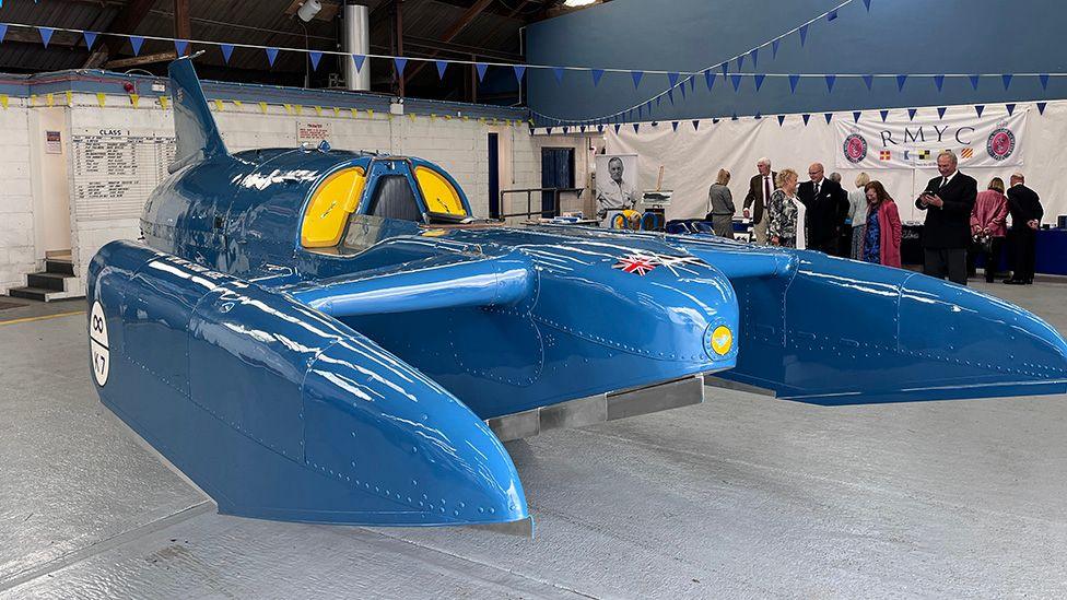 The Bluebird craft in a hangar at the Royal Motor Yacht Club in Poole