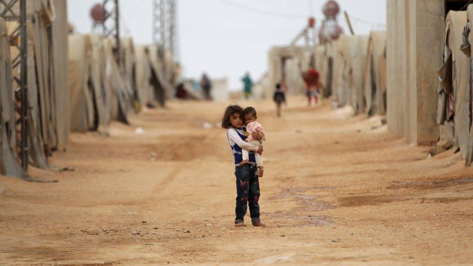 Syrian children in refugee camp in the Jrzinaz area, southern countryside of Idlib, Syria