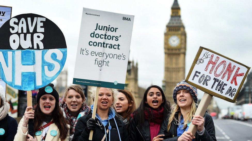 Junior Doctors with placards and protest banners (signs) during a 24-hour strike by junior doctors over pay and conditions