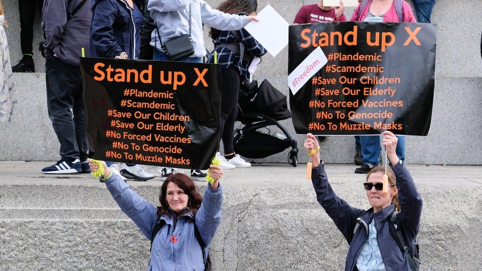 People hold up banners reading "plandemic"