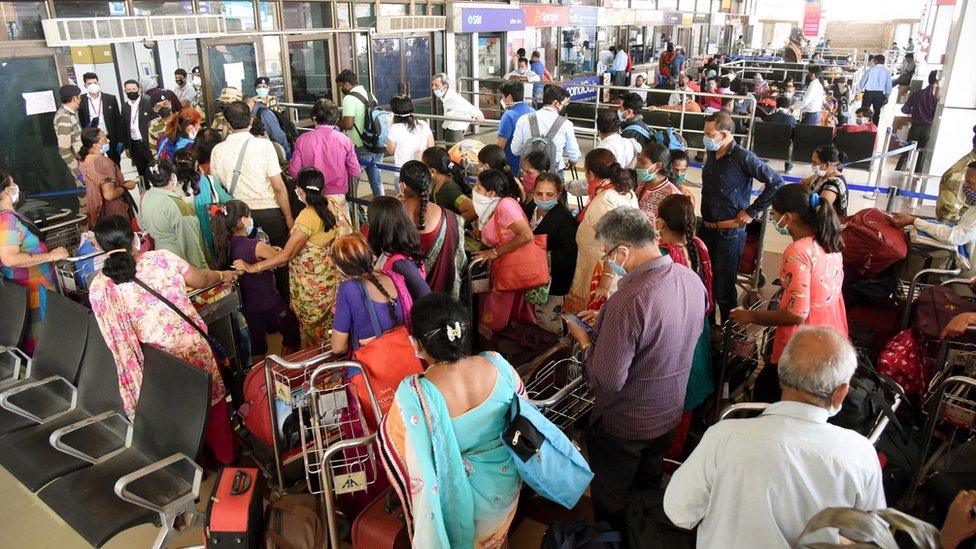 A view of the overcrowded Patna airport during the second day of lockdown imposed by the state government to curb the spread of coronavirus