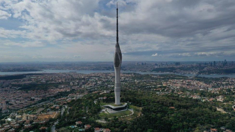 A drone photo shows the Camlica Tower in Istanbul, Turkey on 23 September 2021