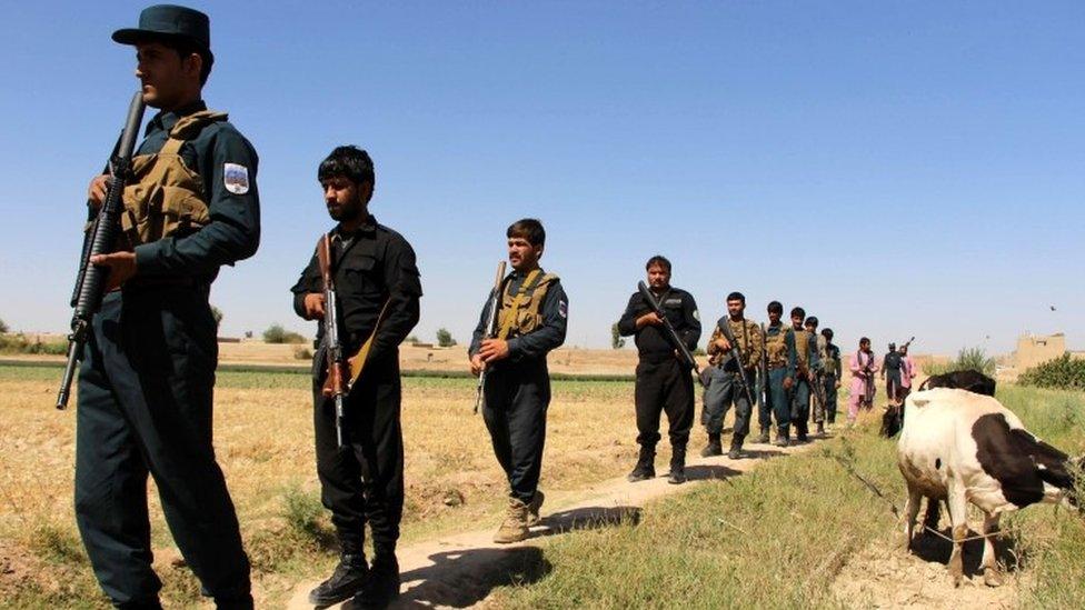 Afghan security officials on patrol in Helmand (08 June 2017)