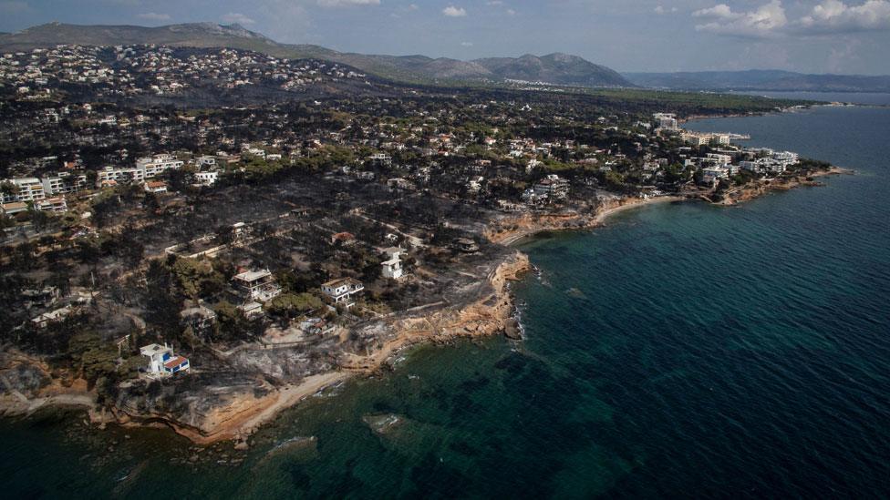 Burnt area from the hills to the sea, Mati, Greece