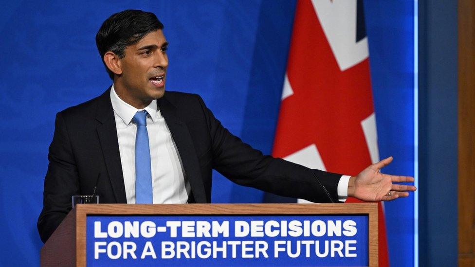 Prime Minister Rishi Sunak delivers a speech on the plans for net-zero commitments in the briefing room at 10 Downing Street, London.