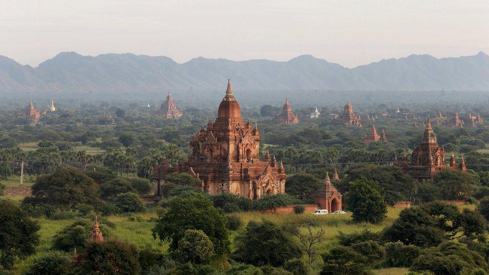 Wide shot of the plains of Bagan, showing dozens of historic monuments on the horizon. 10 November 2015.