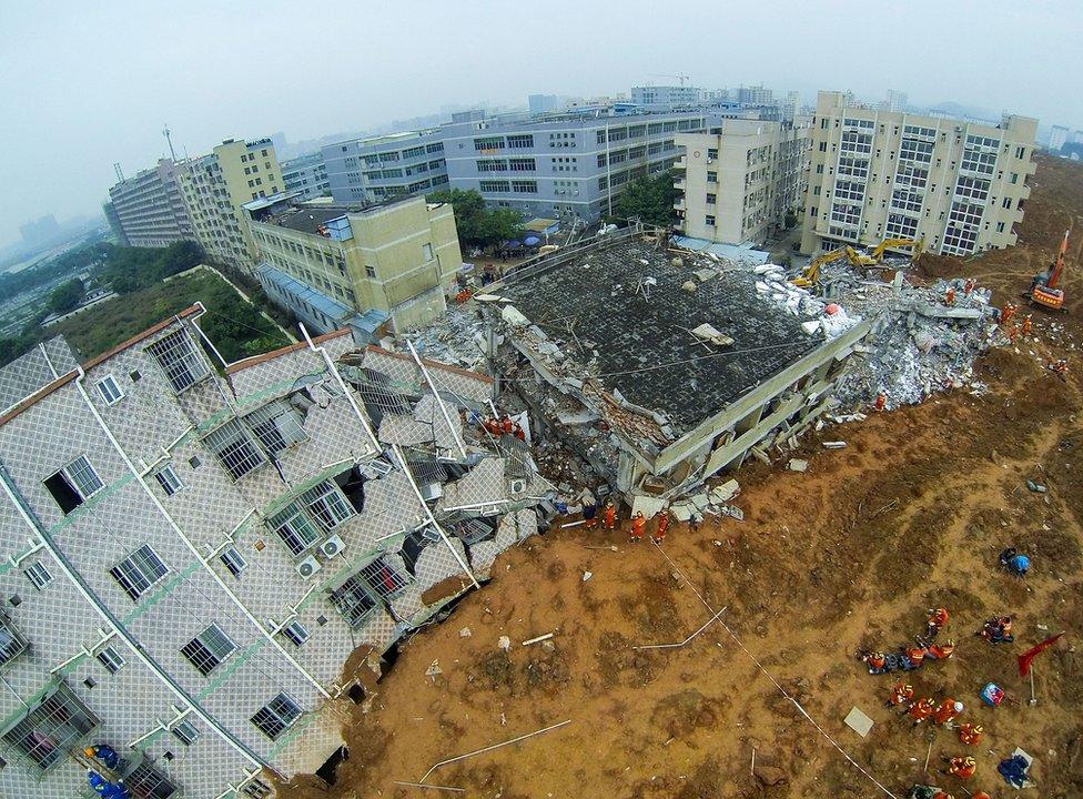 An aerial view of a landslide at Liuxi industrial park on 21 December 2015 in Shenzhen, China