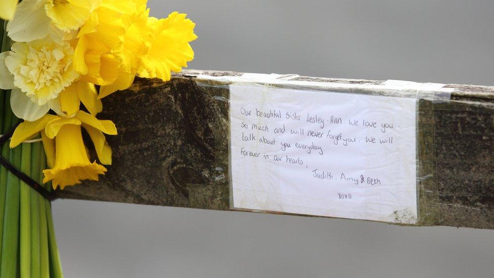 A floral tribute at the spot where Lesley-Ann McCarragher was killed