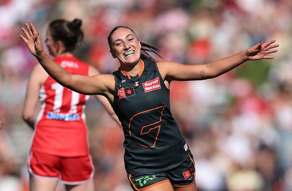 Greater Western Sydney Giants' Brodee Mowbray celebrates a goal during the AFLW round-six match against Sydney Swans