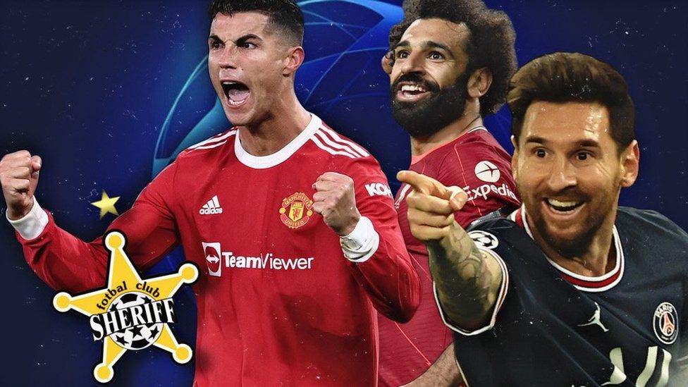 Ronaldo, Salah, Messi and the Sheriff Tiraspol logo.