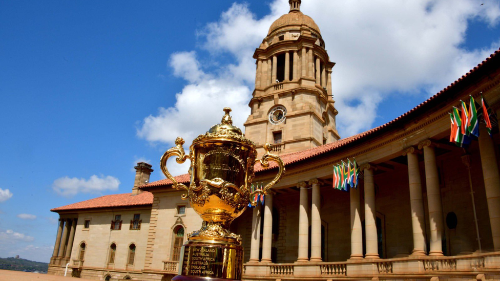 The World Cup trophy positioned outside the Union Buildings.