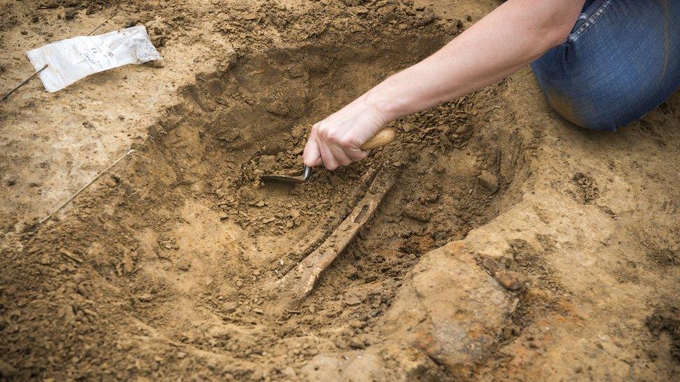 A human bone is excavated in a dig at the Mont-Saint-Jean field hospital.