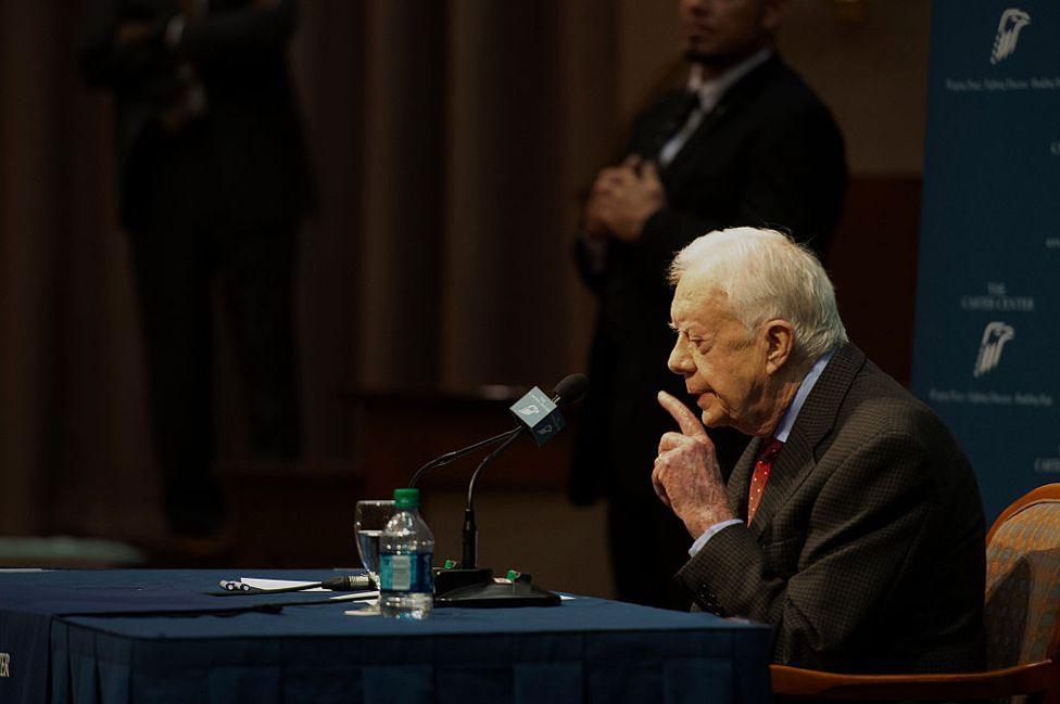 Former U.S. president Jimmy Carter speaks at a news conference at the Carter Center in Atlanta, Georgia, U.S., on Thursday, Aug. 20, 2015. 