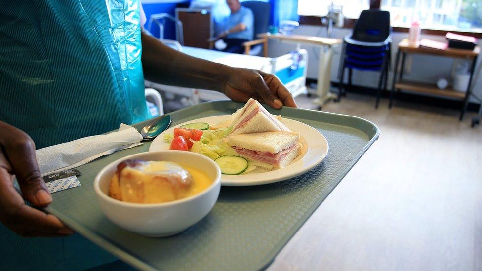 Nurse carrying a tray of food to give to patients