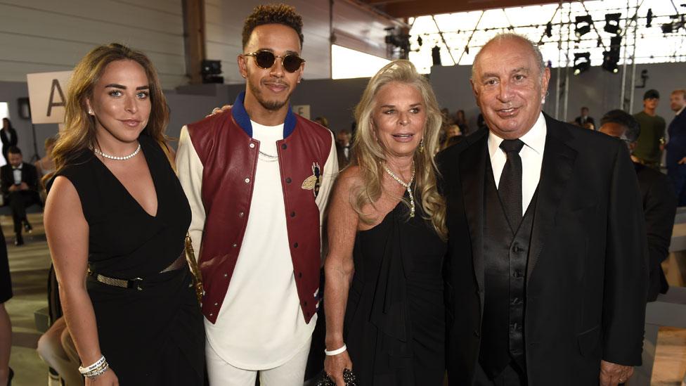 Chloe Green, Lewis Hamilton, Tina Green and Sir Philip Green at Cannes Film Festival