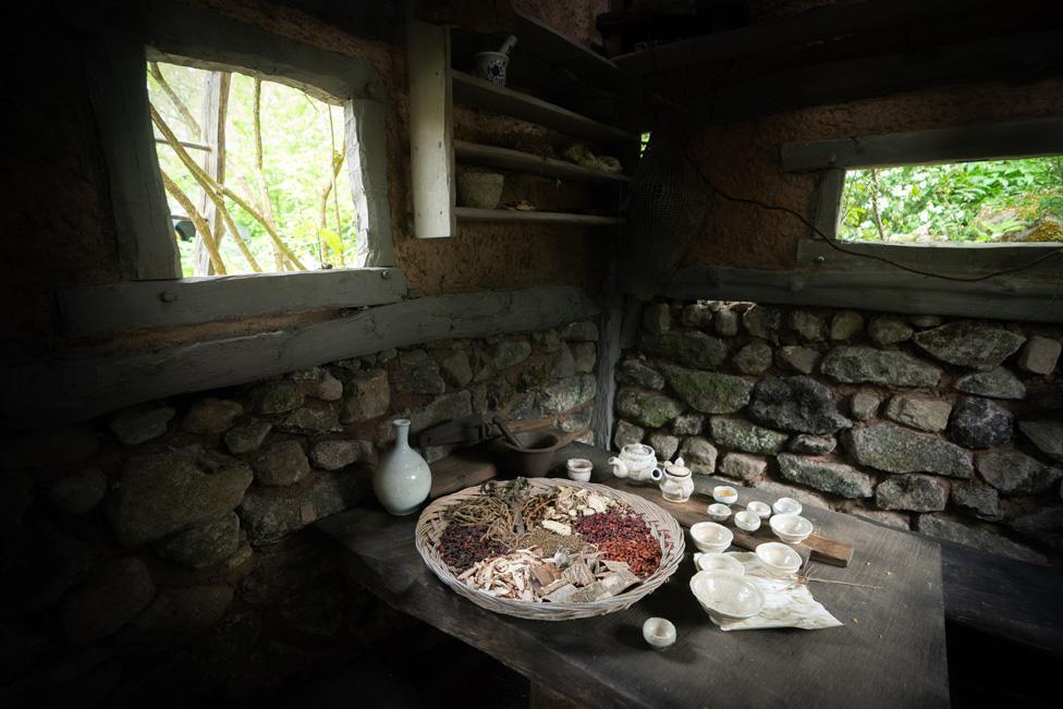 The inside of a traditional Korean building in a garden called, A Letter From a Million Years Past during the RHS Chelsea Flower Show press day, at the Royal Hospital Chelsea, London.