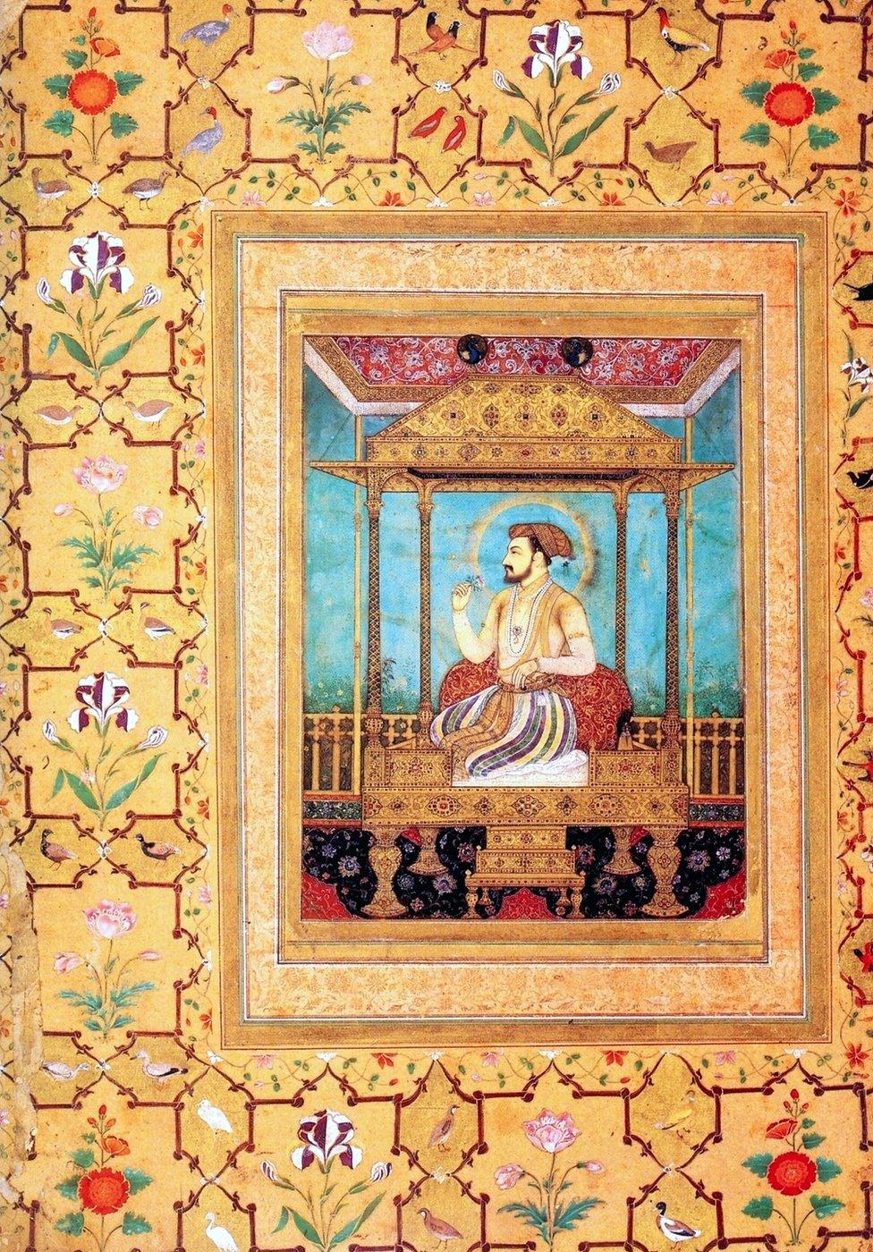 Shah Jahan seated on his richly jewelled Peacock Throne.