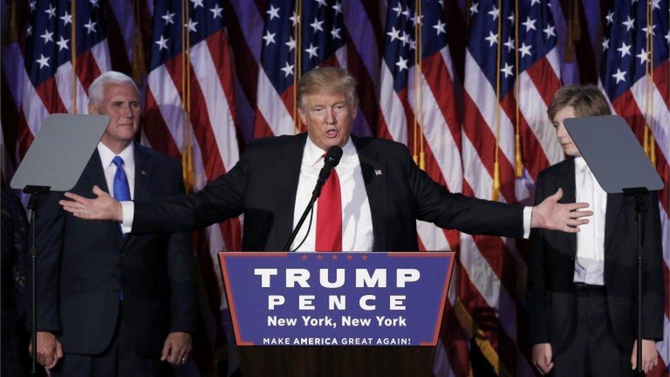 US President-elect Donald Trump addresses supporters during his election night rally in Manhattan, New York, on 9 November, 2016.