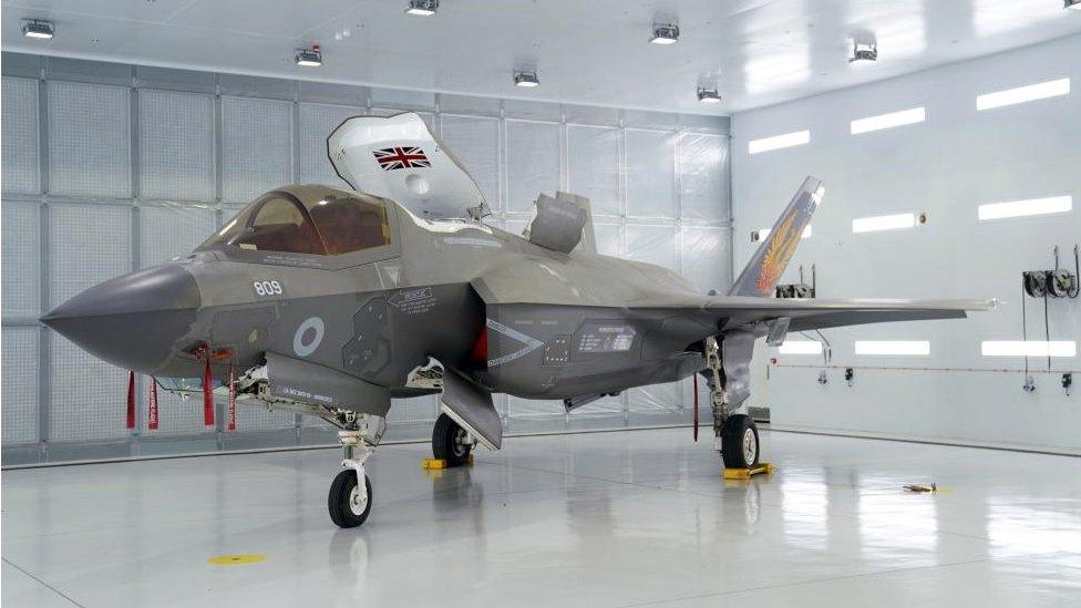 An F-35 Lightning stealth jet from 809 Naval Air Squadron during the commissioning ceremony at RAF Marham