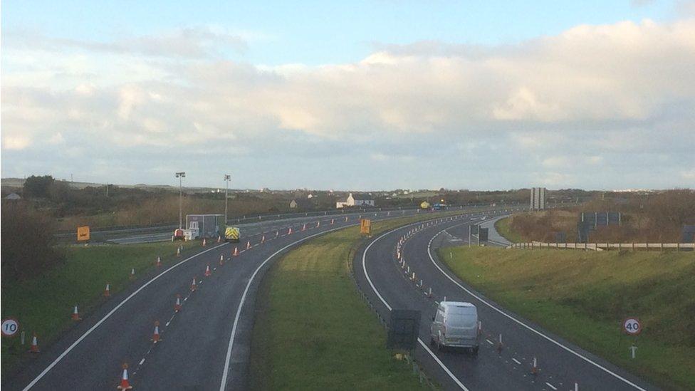 contraflow on the A55 near Holyhead to allow lorries to be stacked