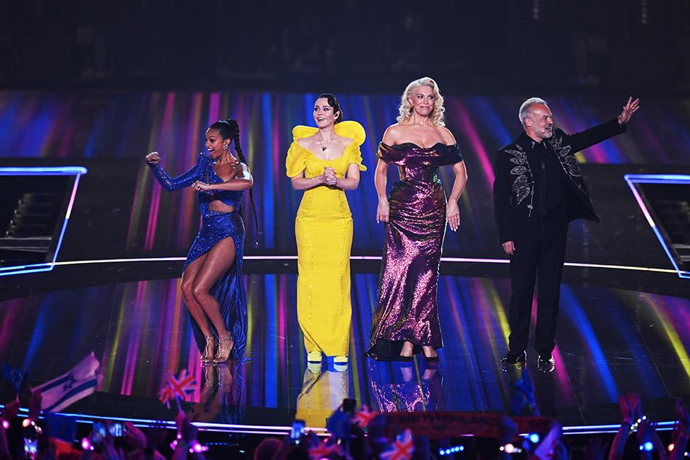 Eurovision hosts Alesha Dixon, Julia Sanina, Hannah Waddingham and Graham Norton on stage at The Eurovision Song Contest