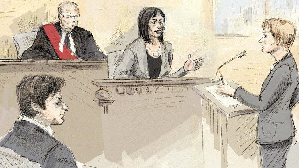 In this courtroom sketch, witness Lucy DeCoutere, second from right, is questioned by Crown attorney Corie Langdon, right, as Jian Ghomeshi, bottom left, and Justice William Horkins listen in court in Toronto on Thursday, Feb. 4, 2016.