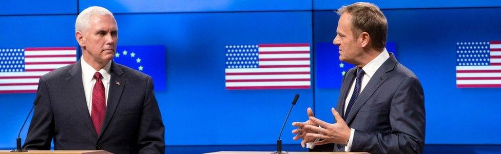 US Vice-President Mike Pence (L) and European Council head Donald Tusk (R) give a press conference at the European Commission in Brussels on February 20, 2017.