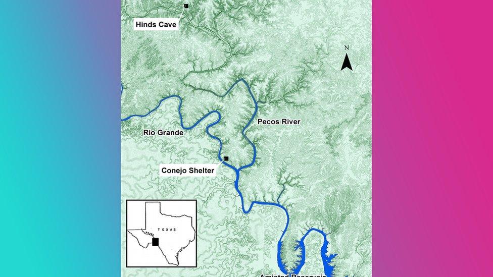 map showing location of Conejo Shelterand Hinds Cave