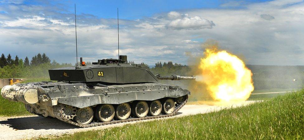 A Challenger 2 tank firing during a live exercise in Grafenwöhr, Germany