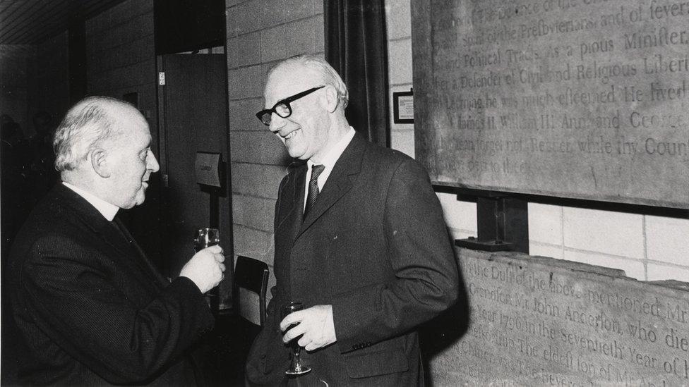 Photograph of Samuel Curran with Rev. Matthew Liddell, 1973