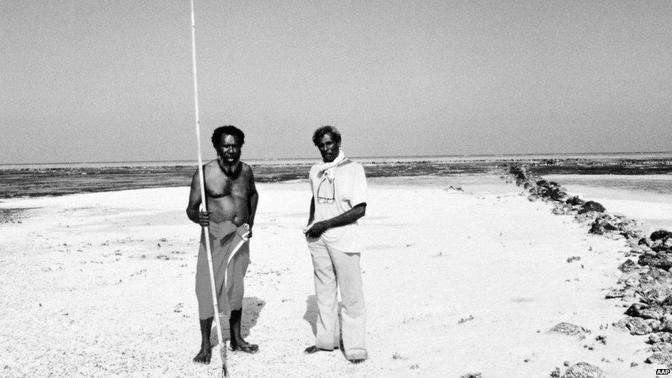 Eddie Mabo (left) and Jack Wailu at home on the island of Mer in the Torres Strait Islands in 1990