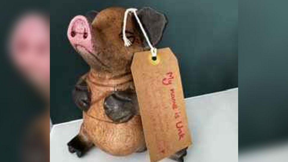 The wooden pig mascot, sitting on a table has a little name tag explaining who he is.