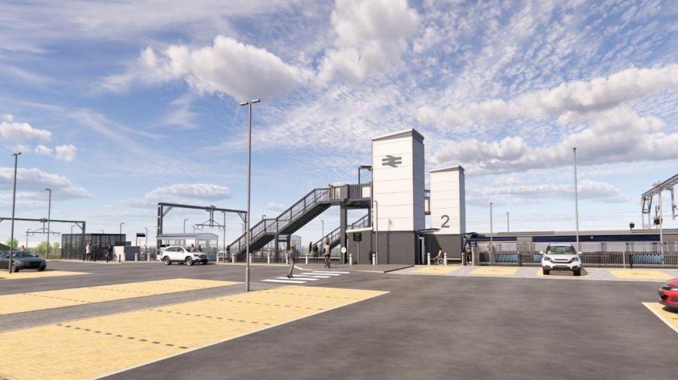 An artist's impression of the new train station at Balgray, showing the car park and the walkway connecting both platforms.