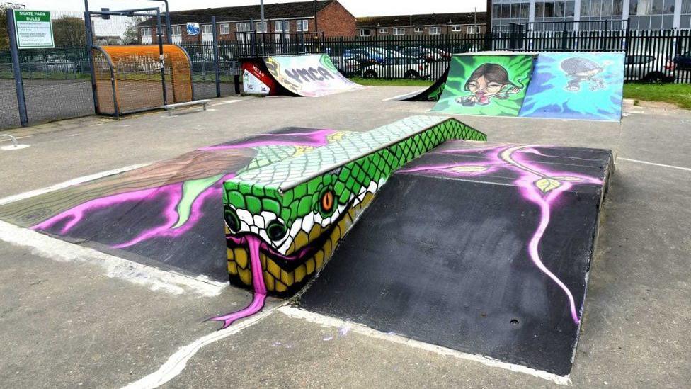 The Kent Street skate park with different coloured ramps