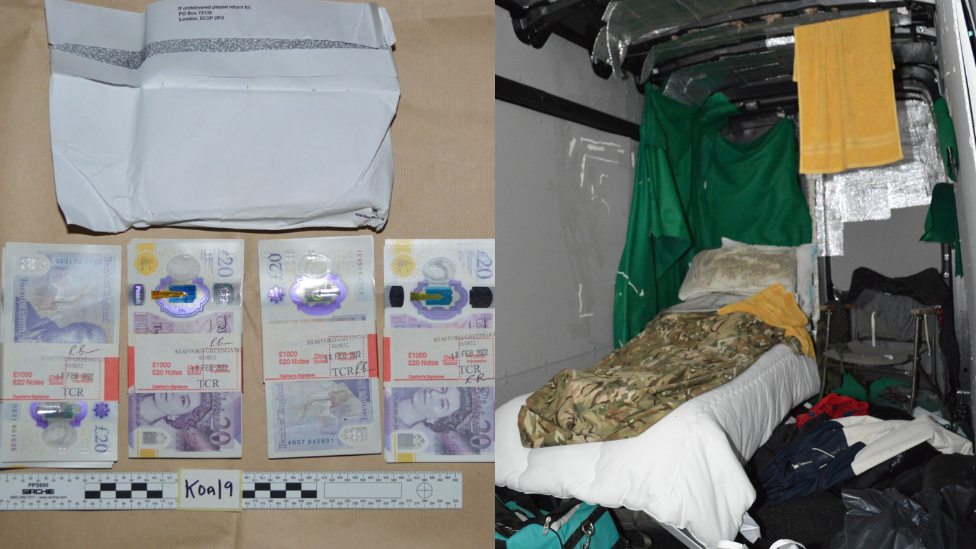 A composite image showing four bundles of £20 notes and envelope on the right and the inside of the van Khalife was allegedly using. It contains a bed with an army print blanket, two yellow towels and bags and clothes. 