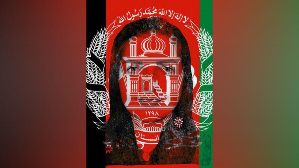 A woman's face over a the black, red and green flag of Afghanistan