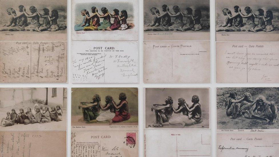 A collection of postcards showing women sitting in a line taking out lice from the hair of the woman in front of them