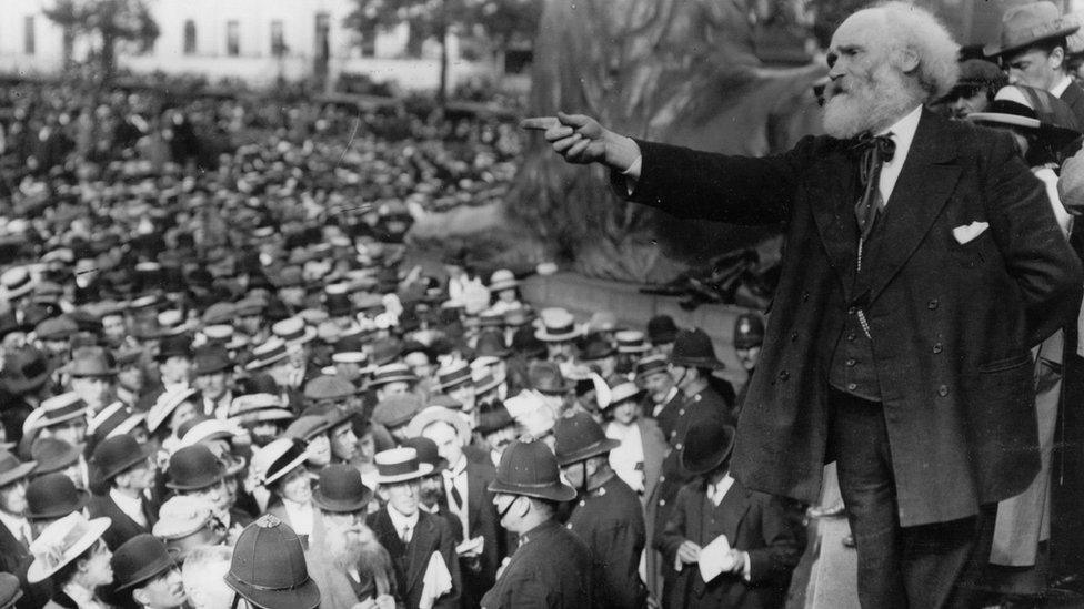 Keir Hardie makes a speech in Trafalgar Square in 1914