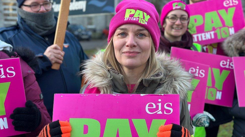 Striking teachers outside Harlaw Academy in Aberdeen