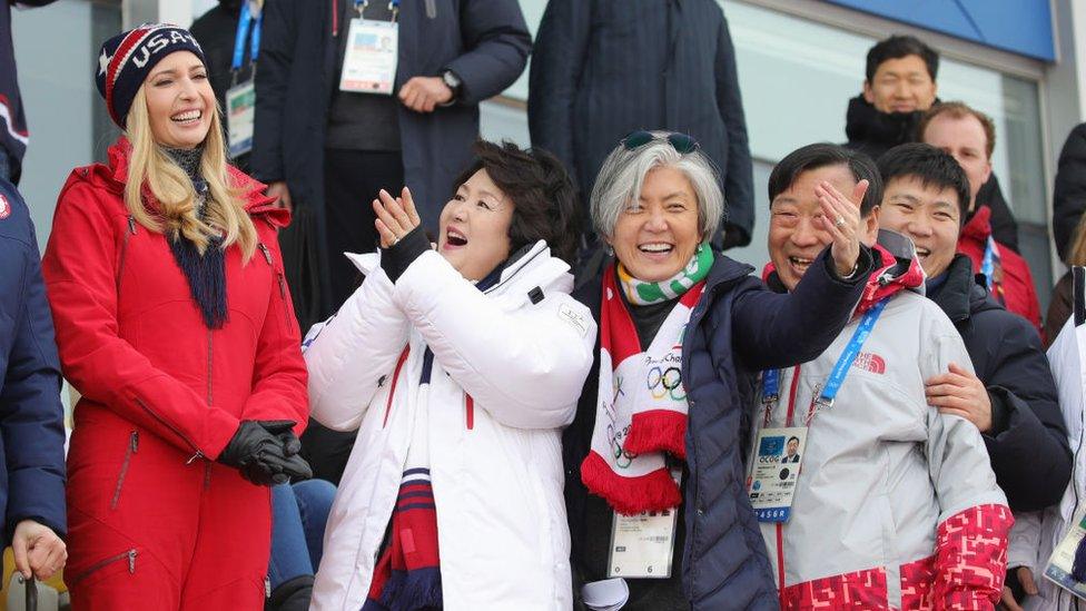 Ivanka Trump, South Korean first lady Kim Jung-sook and South Korean foreign minister Kang Kyung-wha attend the Snowboard - Men's Big Air Final on day 15 of the PyeongChang 2018 Winter Olympic Games