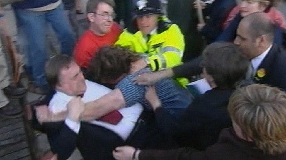 John Prescott grapples with a protester in Rhyl (2001)