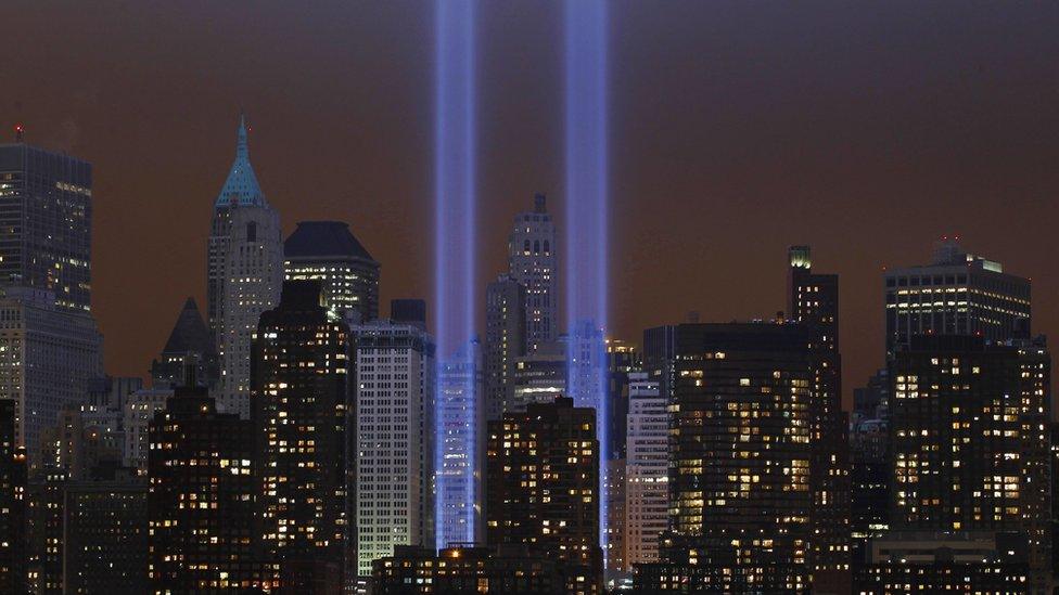 Manhattan Tribute in Lights commemorating 9/11