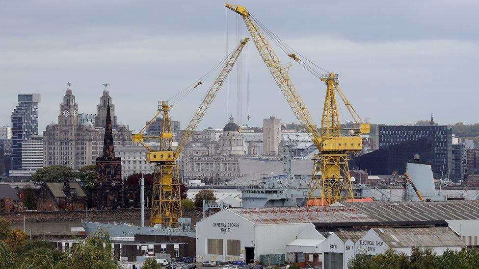 the dock of Cammell Laird Shipbuilders against the backdrop of Liverpool's waterfront