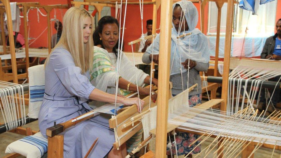 Ivanka Trump Yarn tries out a yarn making machine