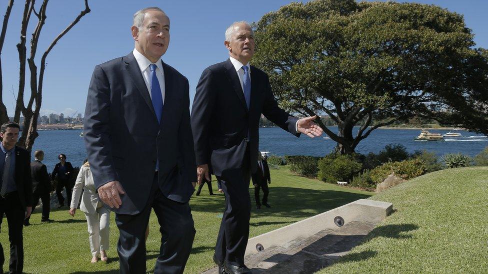 Mr Netanyahu and Mr Turnbull walk outside Kirribilli House, the official Sydney residence of Australian prime ministers