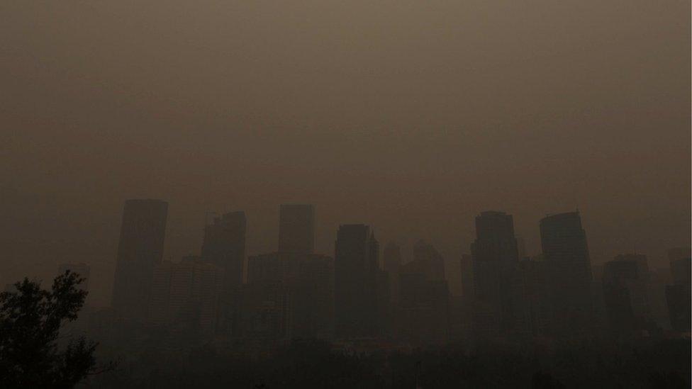 A haze from the wildfires in British Columbia descends on Calgary, Alberta