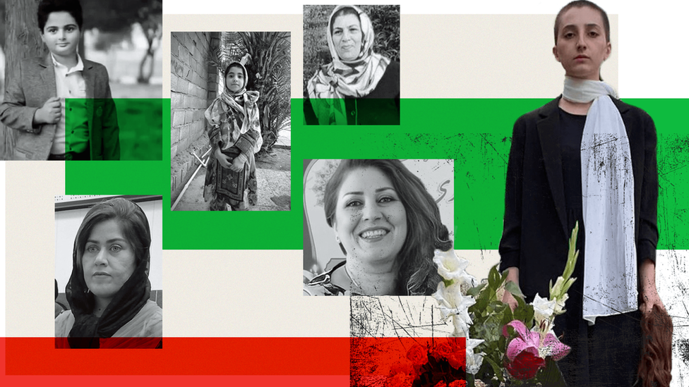 Composite image of victims of the Iran protests and Roya Piraei one of victims' daughters