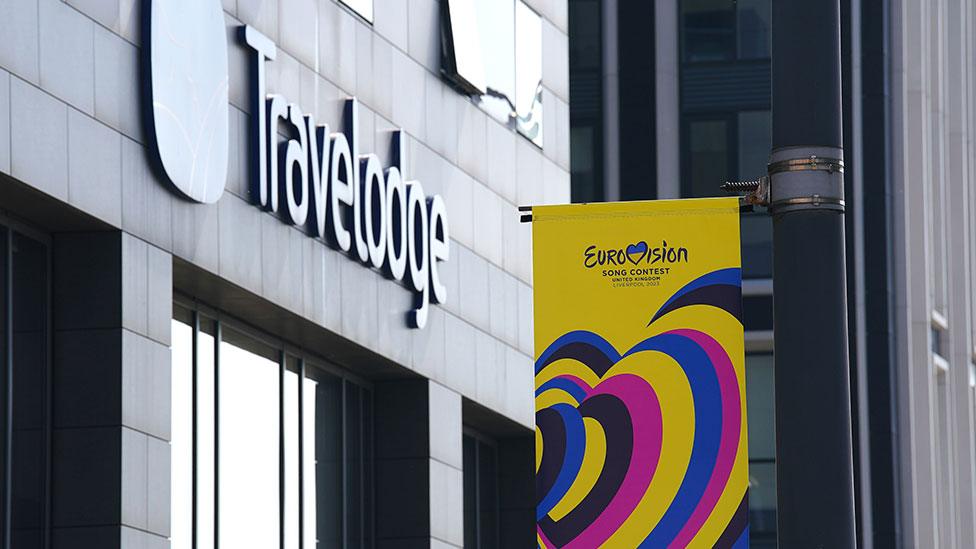 Eurovision flag outside hotel in Liverpool